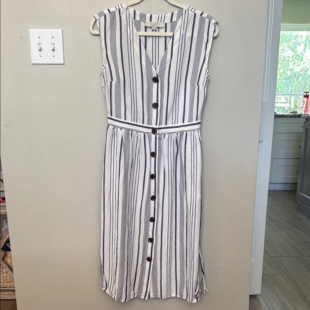 LOFT Blue and White Striped Midi Dress
